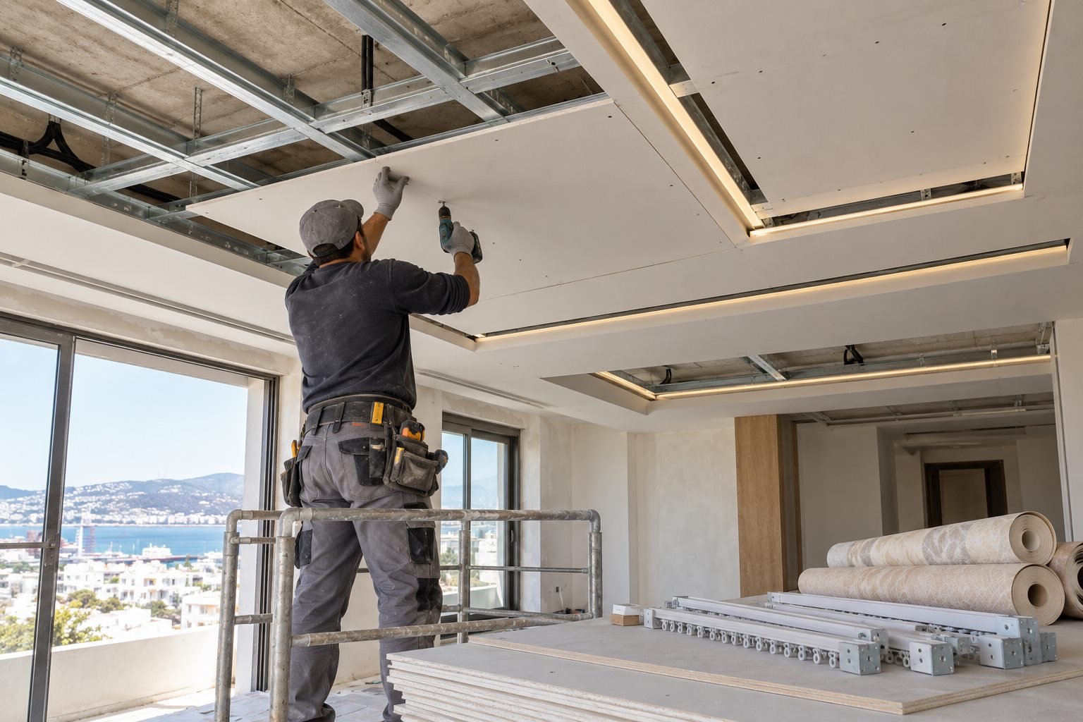 Pose professionnelle de placo et d’un faux plafond avec éclairage intégré
