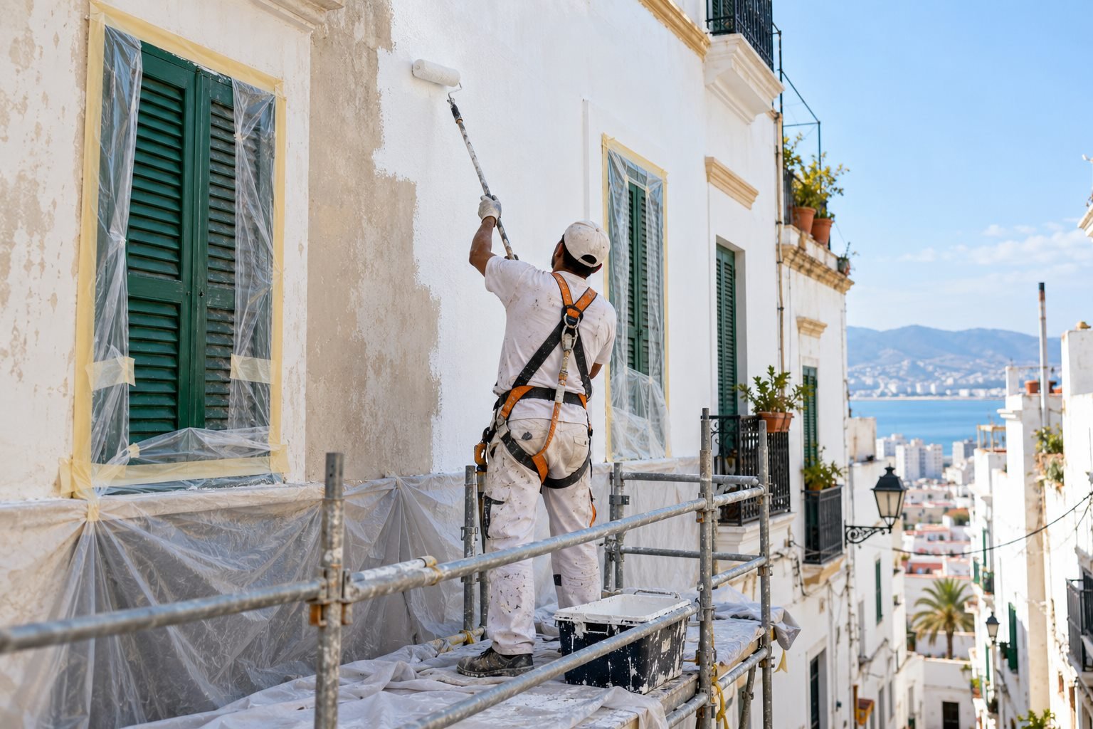 Artisan peintre rénovant une façade à Tanger avec protections et échafaudage